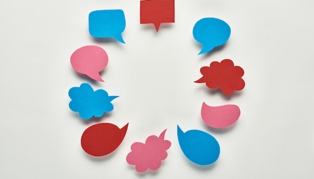 round frame of empty speech bubbles on white background, cyberbullying concept